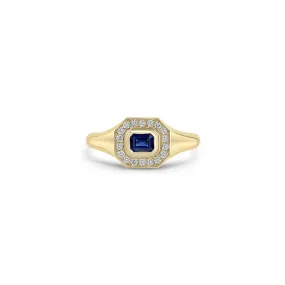 14k Emerald Cut Blue Sapphire Diamond Halo Signet Ring