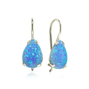 14K White Gold Teardrop Blue Opal 7X10mm Dangle Earrings