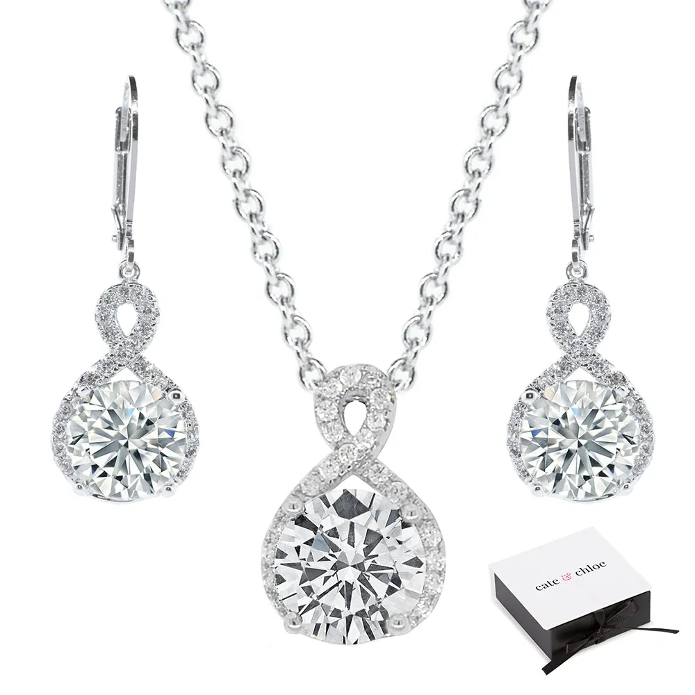 Alessandra Vision 18k White Gold Plated Infinity Drop Earrings & Necklace Jewelry Set with CZ Crystals