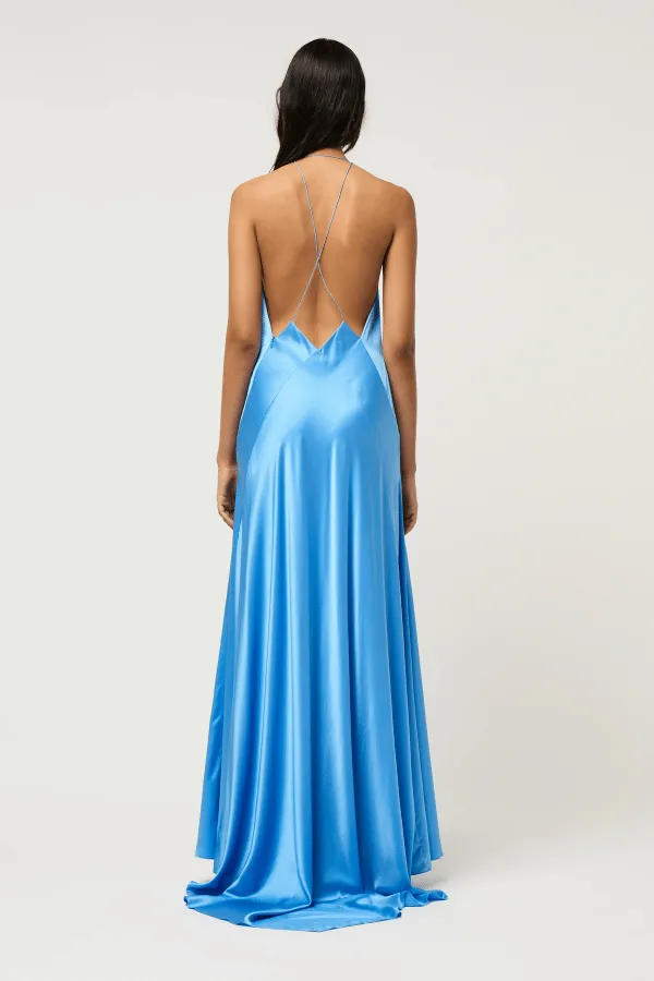 Alexandra Silk Satin Maxi Dress Sky Blue