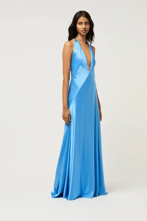 Alexandra Silk Satin Maxi Dress Sky Blue