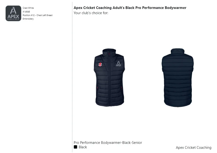 Apex Cricket Coaching Adult's Black Pro Performance Bodywarmer