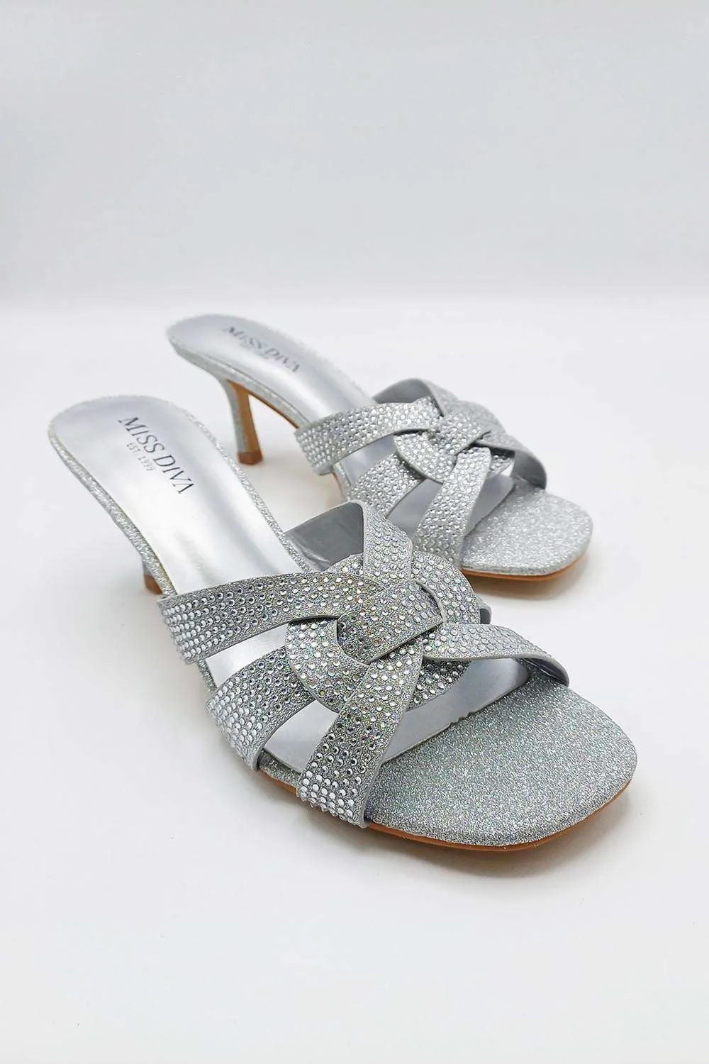 Aurelia Diamante Embellished 3 Strap Mule in Silver