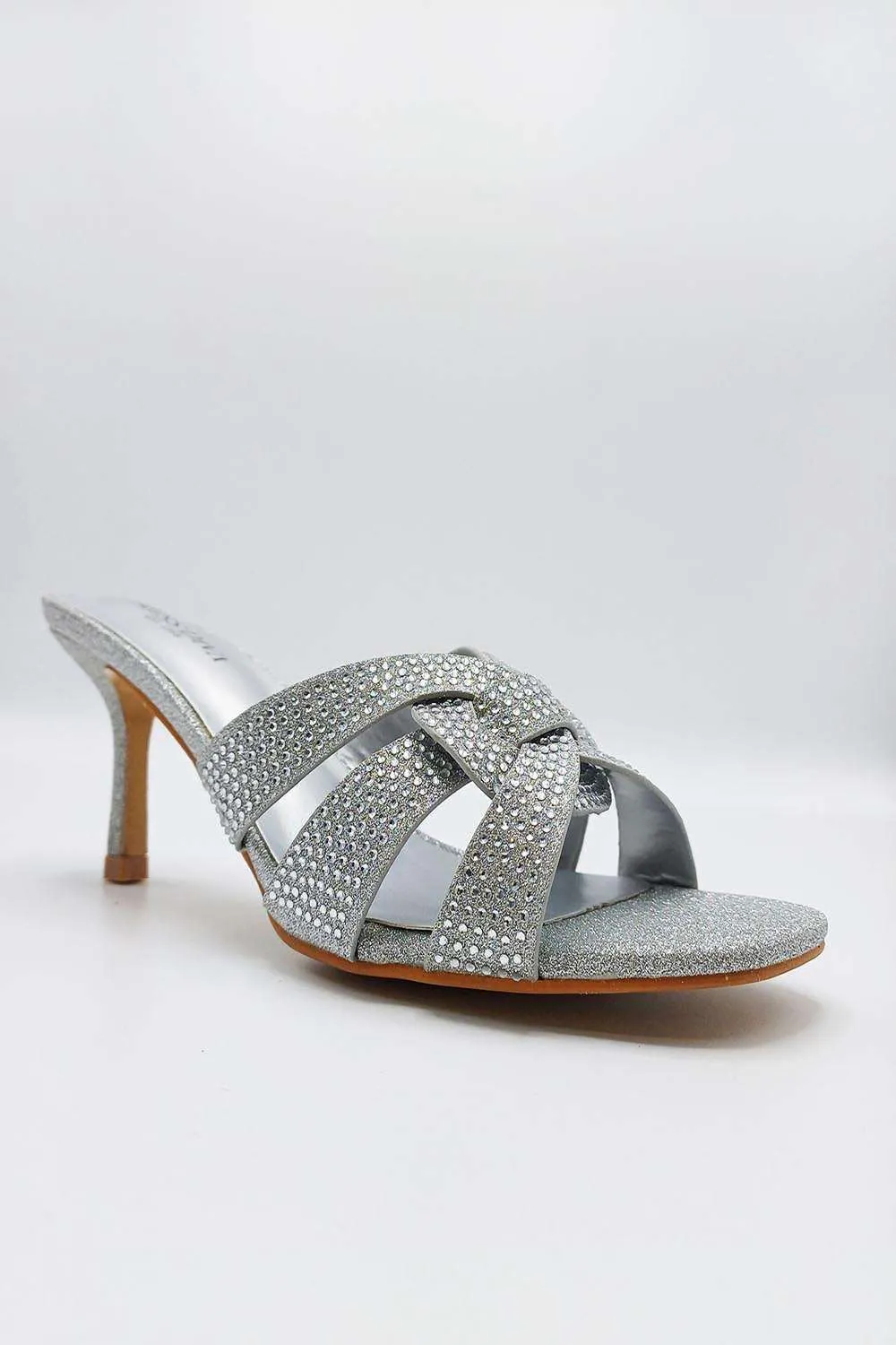 Aurelia Diamante Embellished 3 Strap Mule in Silver