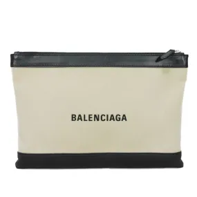 BALENCIAGA Clutch bag 373834 AQ3BN 9260 Cotton canvas x smooth calfskin Natural x Black New logo Navy clip M mens Used Authentic