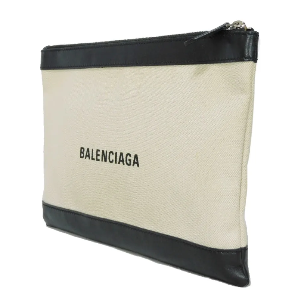 BALENCIAGA Clutch bag 373834 AQ3BN 9260 Cotton canvas x smooth calfskin Natural x Black New logo Navy clip M mens Used Authentic