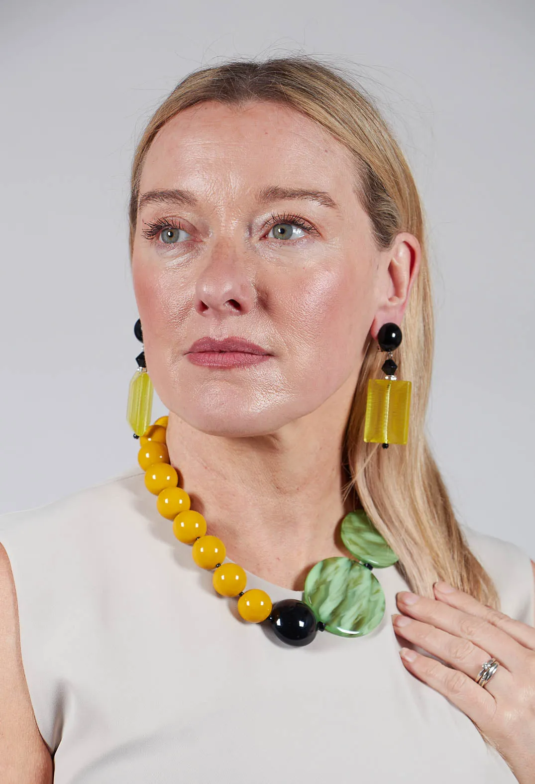 Beaded Choker with Circular Pendants in Mustard and Green