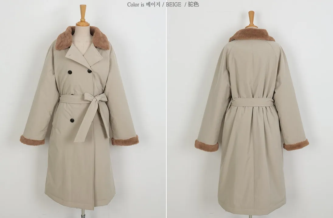 Beige Fake fur Puffer Trench Coats Womens Winter Outerwear Waistbelt