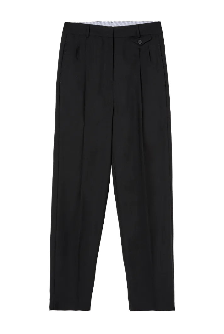 Black Pleat Detail Straight-Leg Trousers