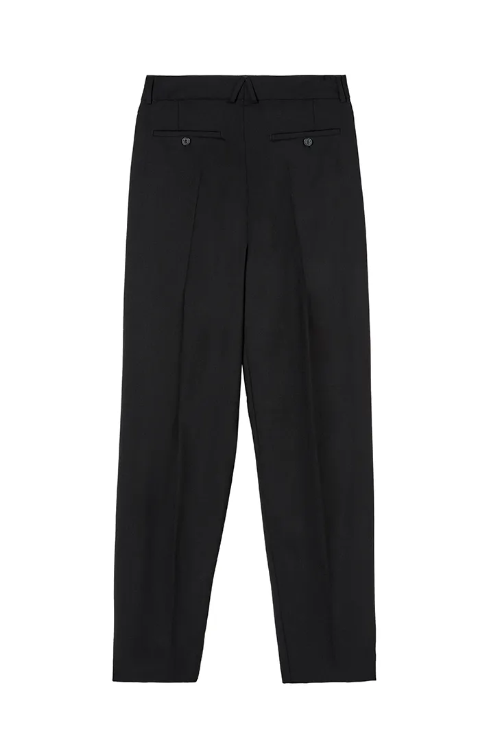 Black Pleat Detail Straight-Leg Trousers