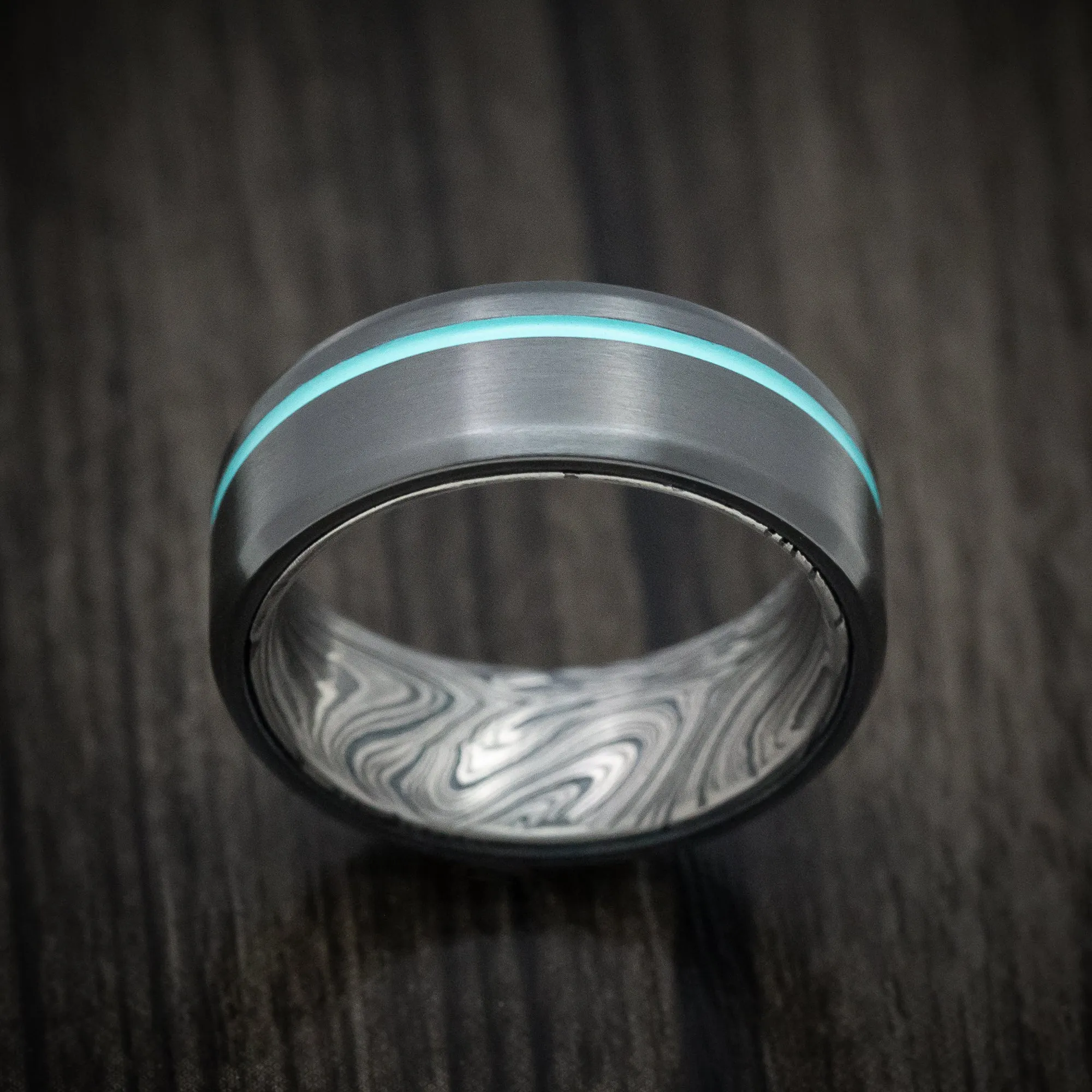 Black Zirconium and Marble Kuro Damascus Men's Ring with Cerakote Inlay Custom Made