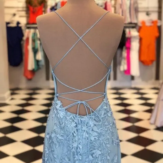 Blue Lace Prom Dress Long, Prom Dresses, Evening Dress, Dance Dress, Graduation School Party Gown, PC0418