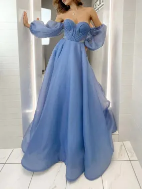 Blue Off the Shoulder Sweetheart Neck Chiffon Long Prom Dresses, Blue Formal Evening Dresses