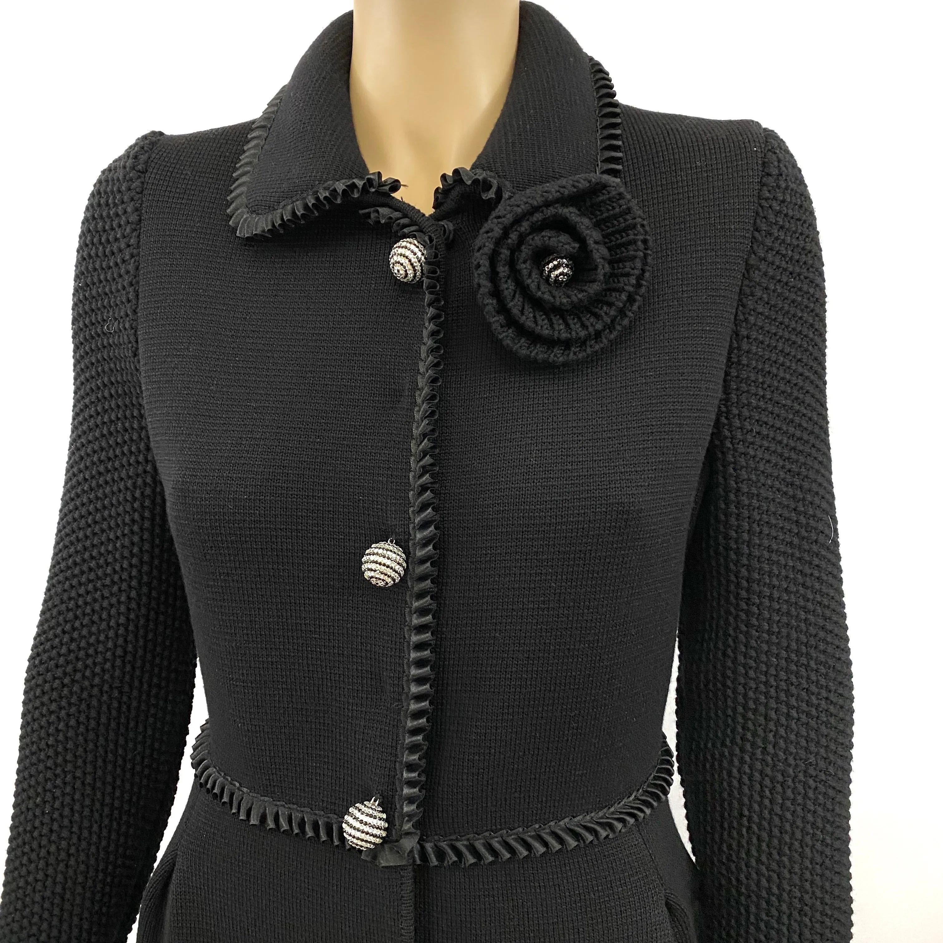 Blumarine Black Knit Ruffle Jacket Crystal Flower Brooch 42 | 8