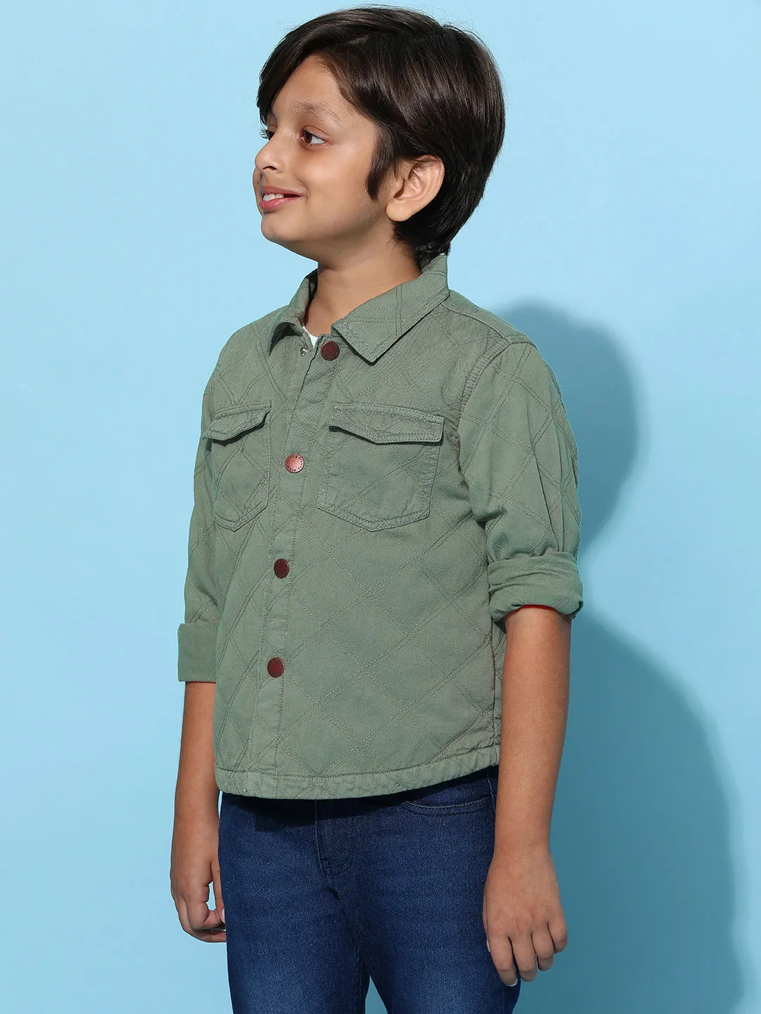 Boy Olive Cotton Solid Shacket