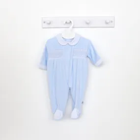 Boys Blue Velour Smocked Sleepsuit