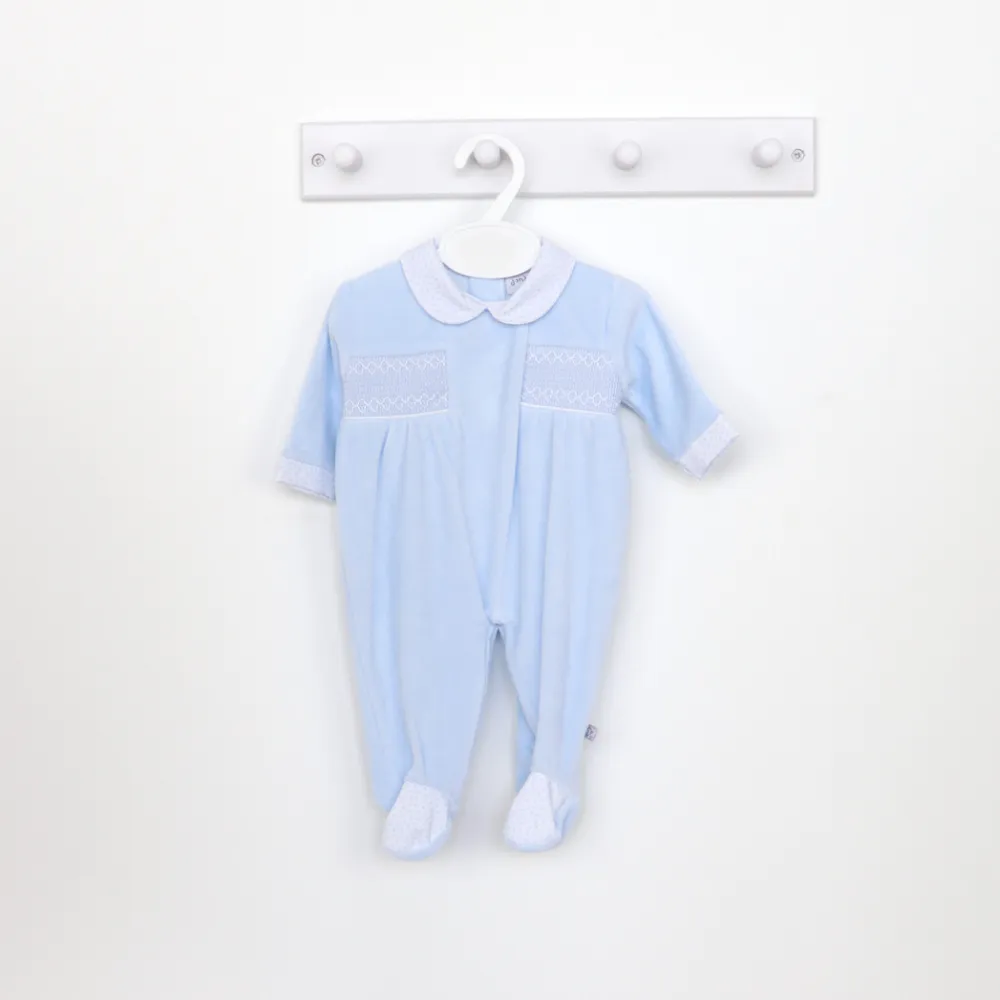 Boys Blue Velour Smocked Sleepsuit