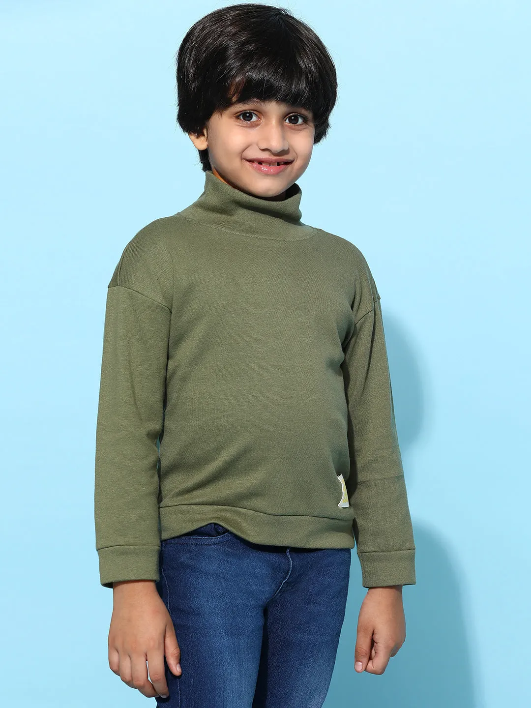 Boys Olive 100% Cotton Oversized Solid T-shirt