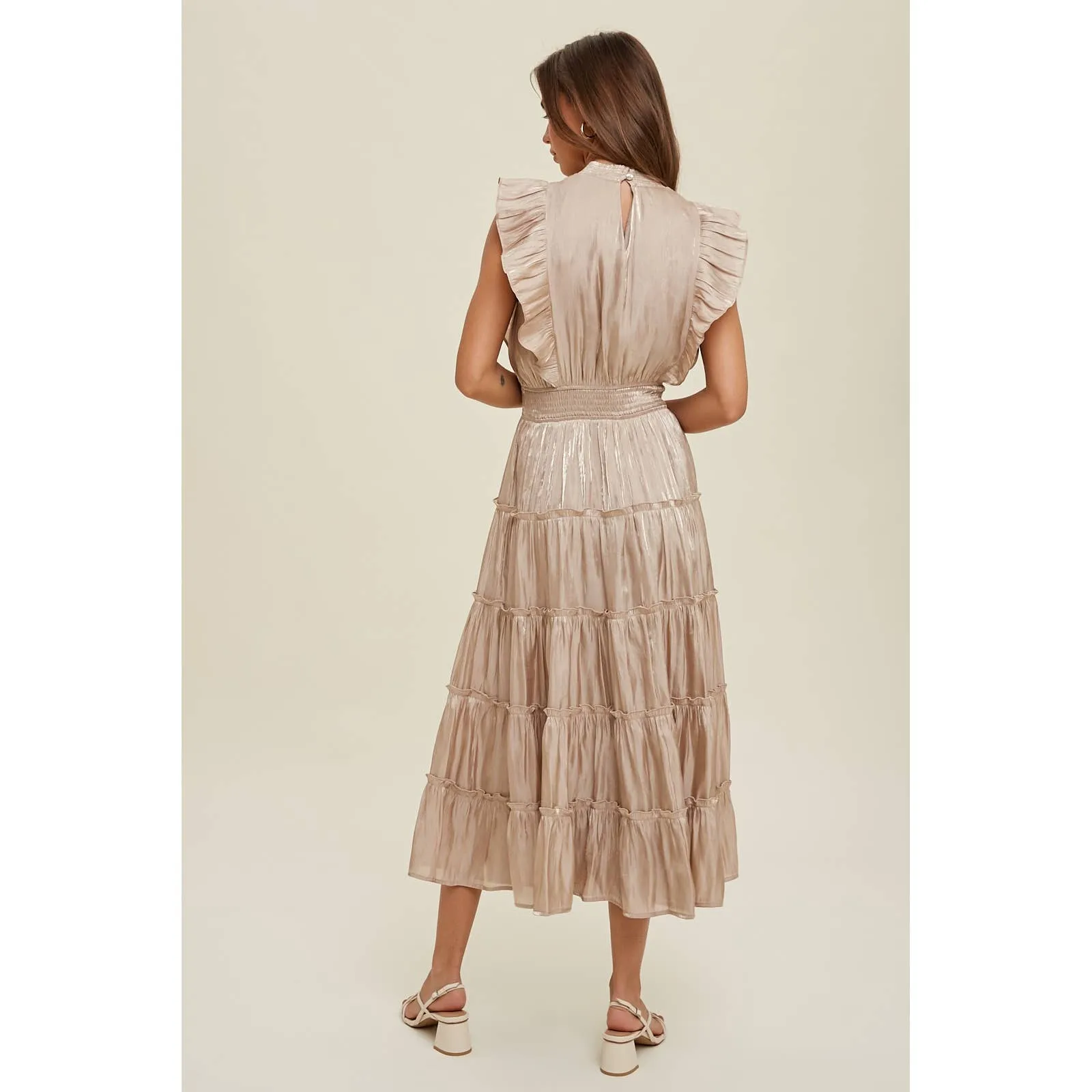 CHAMPAGNE ORGANZA TIERED MIDI DRESS WITH RUFFLE DETAIL