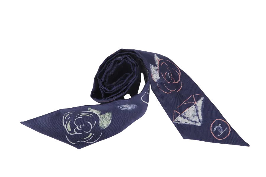 CHANEL TWILLY SCARF CAMELLIA REVIRSIBLE BLUE SILK WITH BOX