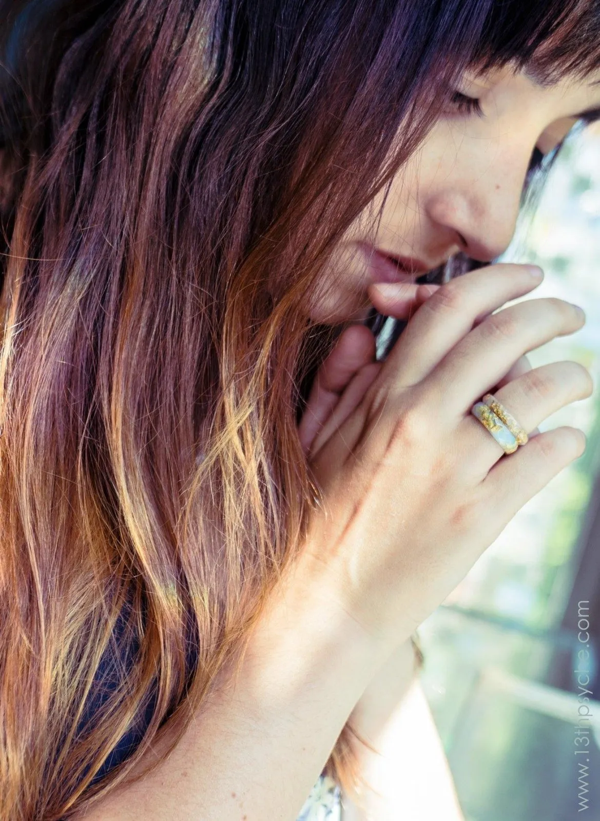 Clear and Pale blue faceted resin ring with gold flakes