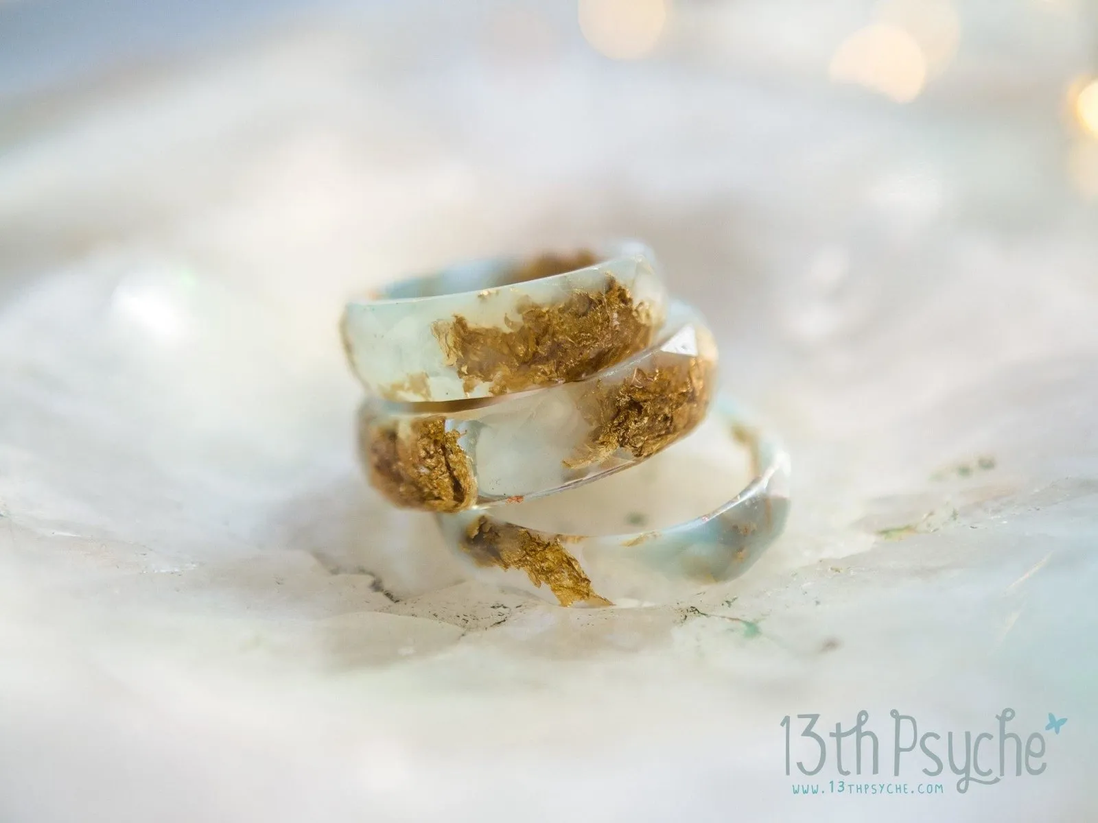 Clear and Pale blue faceted resin ring with gold flakes