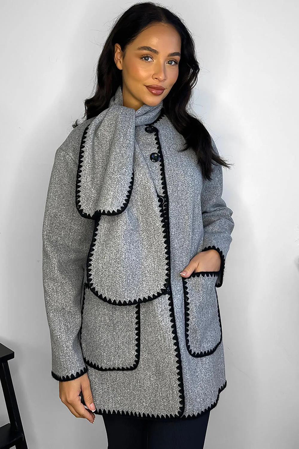 Contrast Stitch Single Breasted Coat And Scarf Set