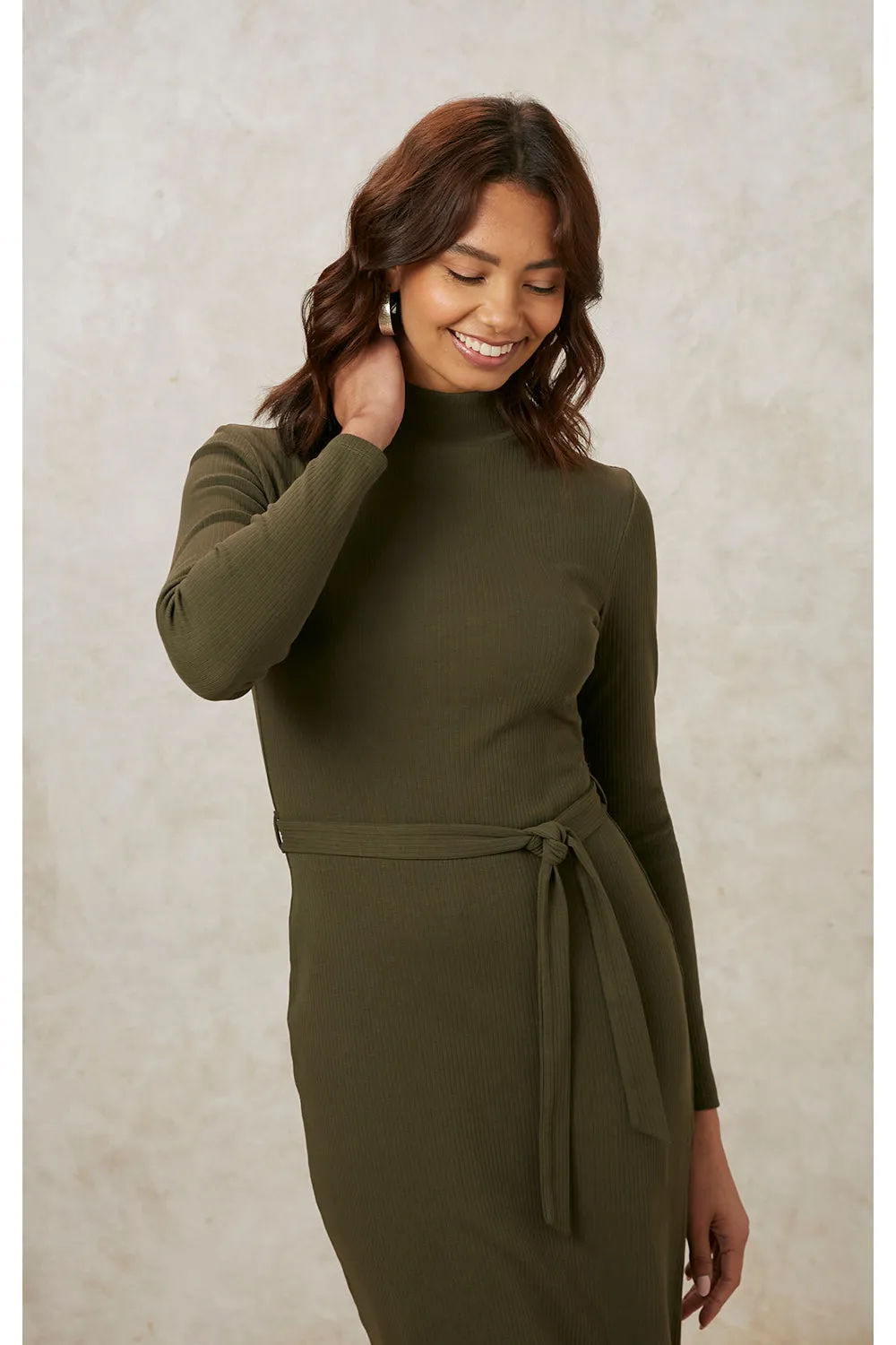 Corey Rib Midi Dress in Khaki