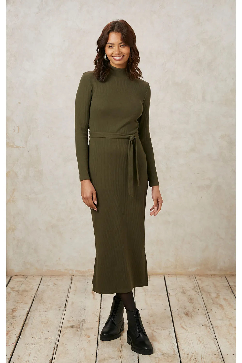 Corey Rib Midi Dress in Khaki