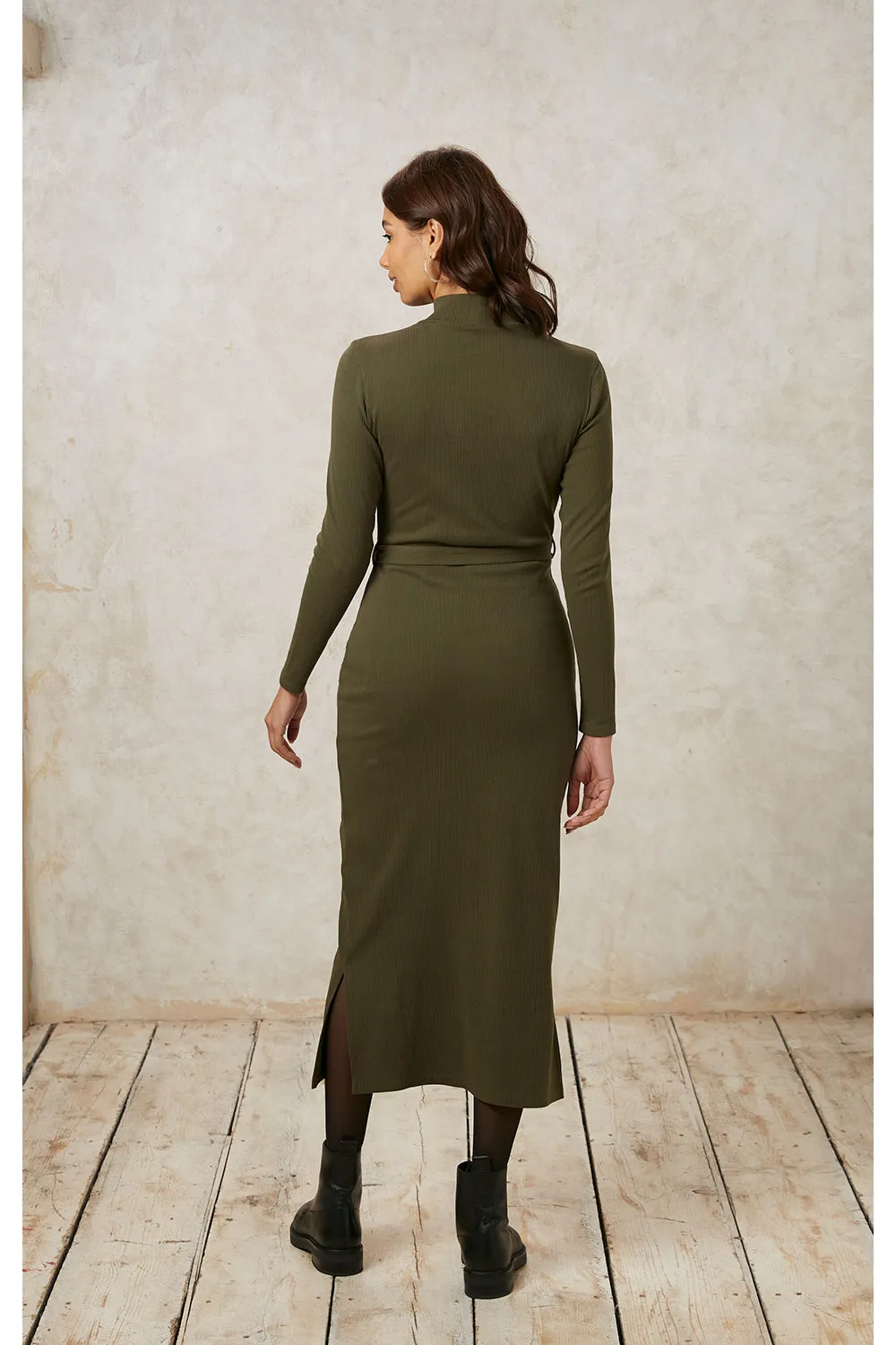 Corey Rib Midi Dress in Khaki