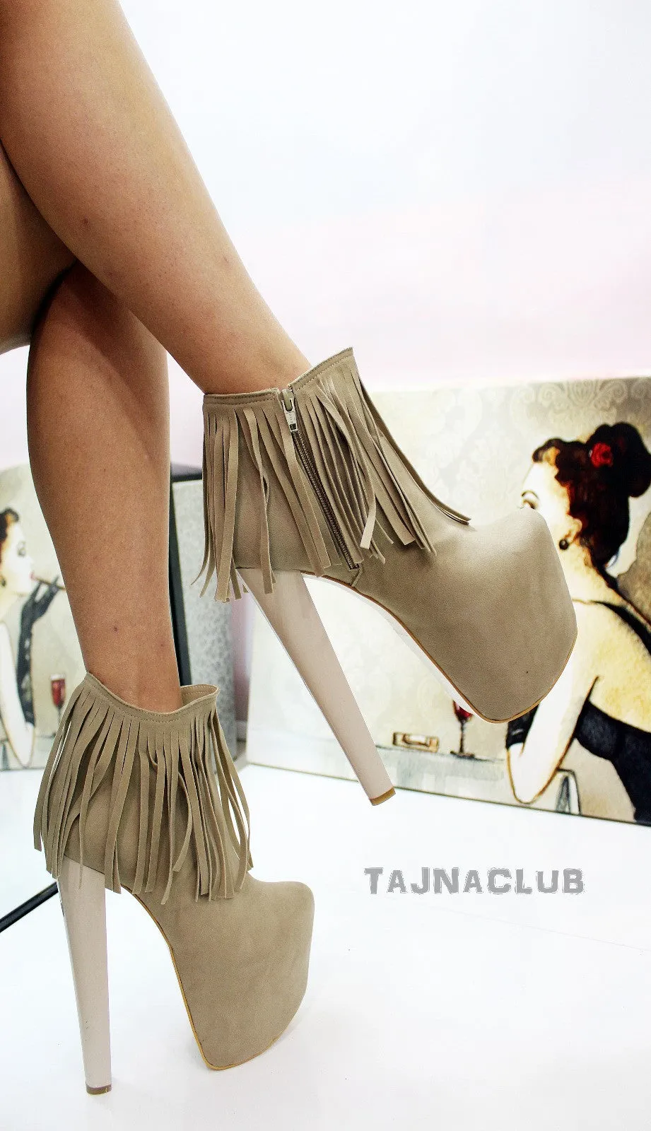 Cream Fringe Ankle Boots Platform High Heel Shoes