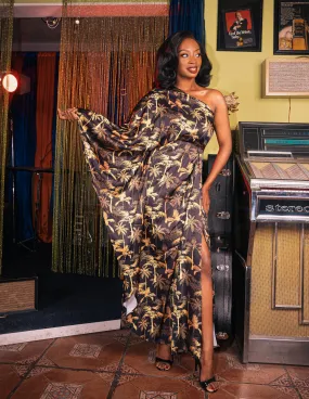 Curacao Caftan Dress in Satin Golden Palms