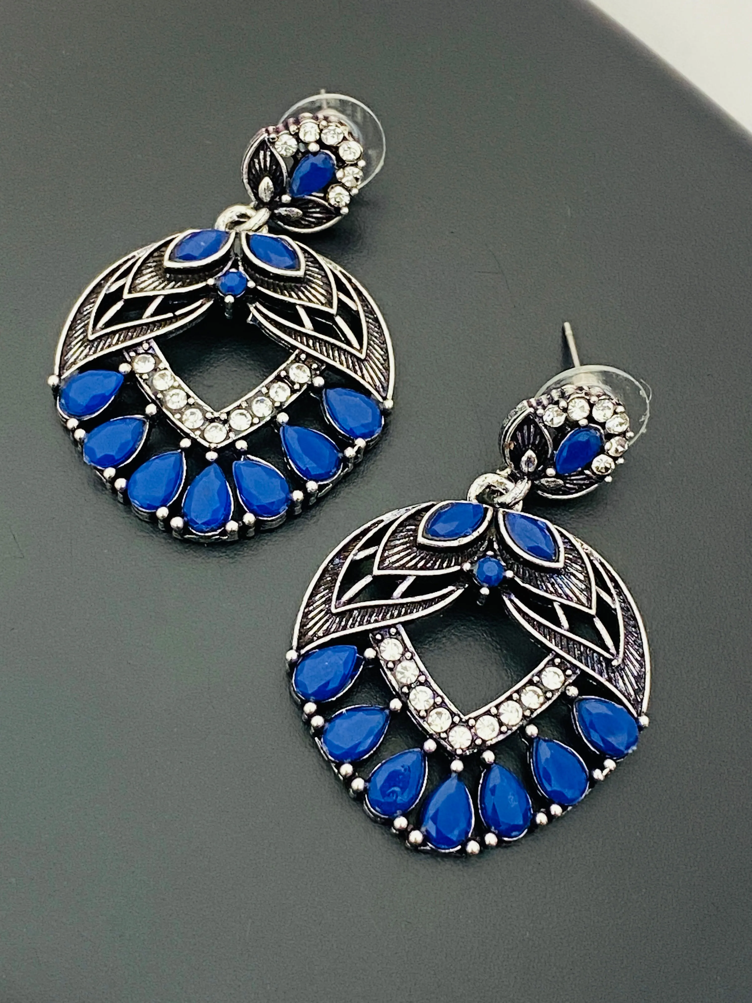 Dazzling Blue Color Leaf Design Oxidized Earrings