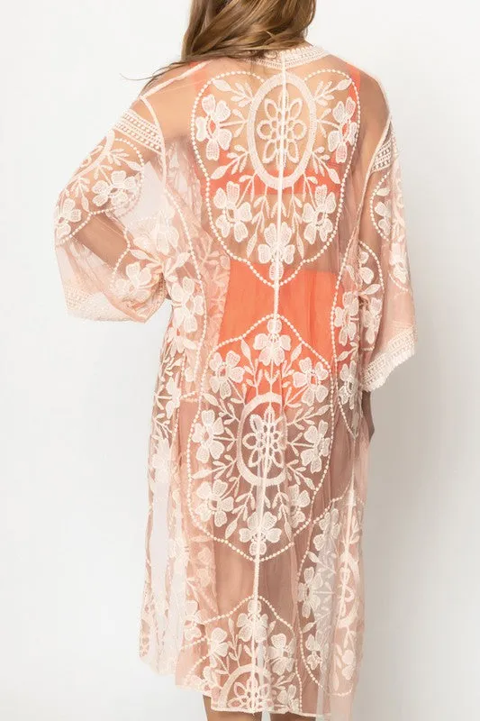 Floral Laced Kimono with Front Tie