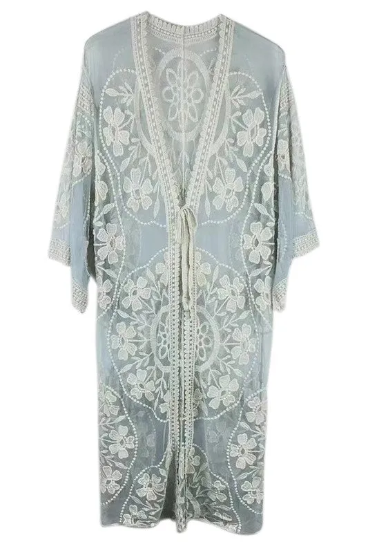 Floral Laced Kimono with Front Tie