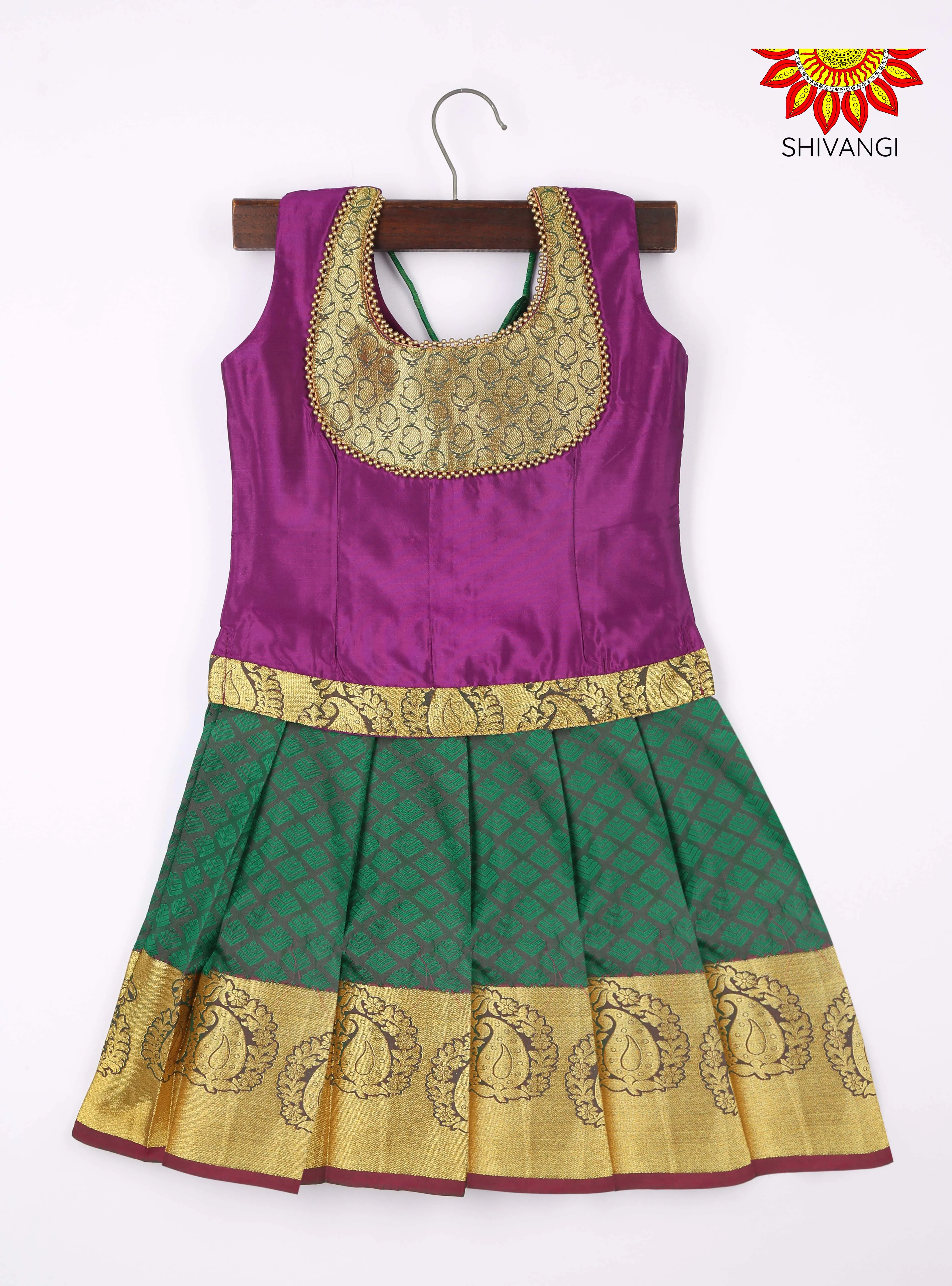 Girls Art Silk Pattu Pavadai Dark Green and Violet