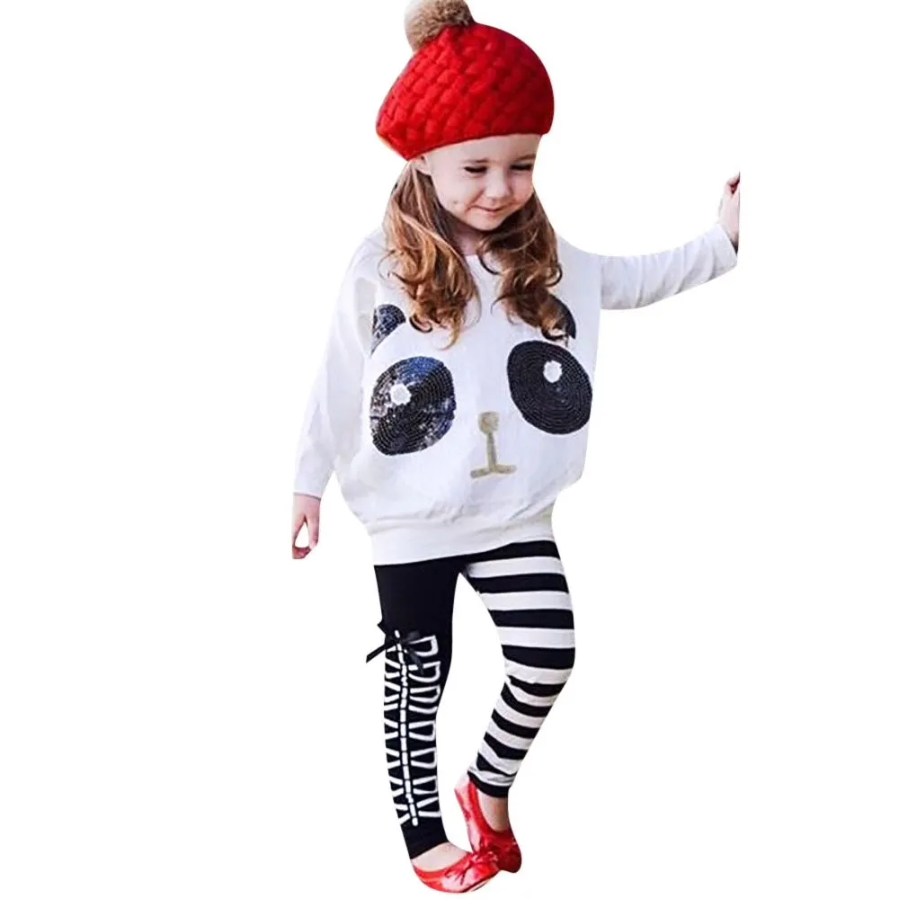 Girls Panda Sequins Top   Striped Bow Pants Set