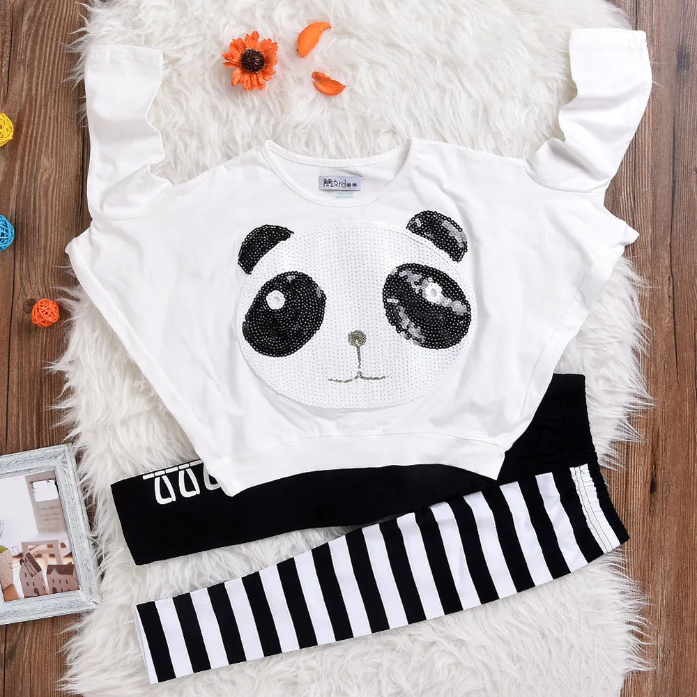 Girls Panda Sequins Top   Striped Bow Pants Set