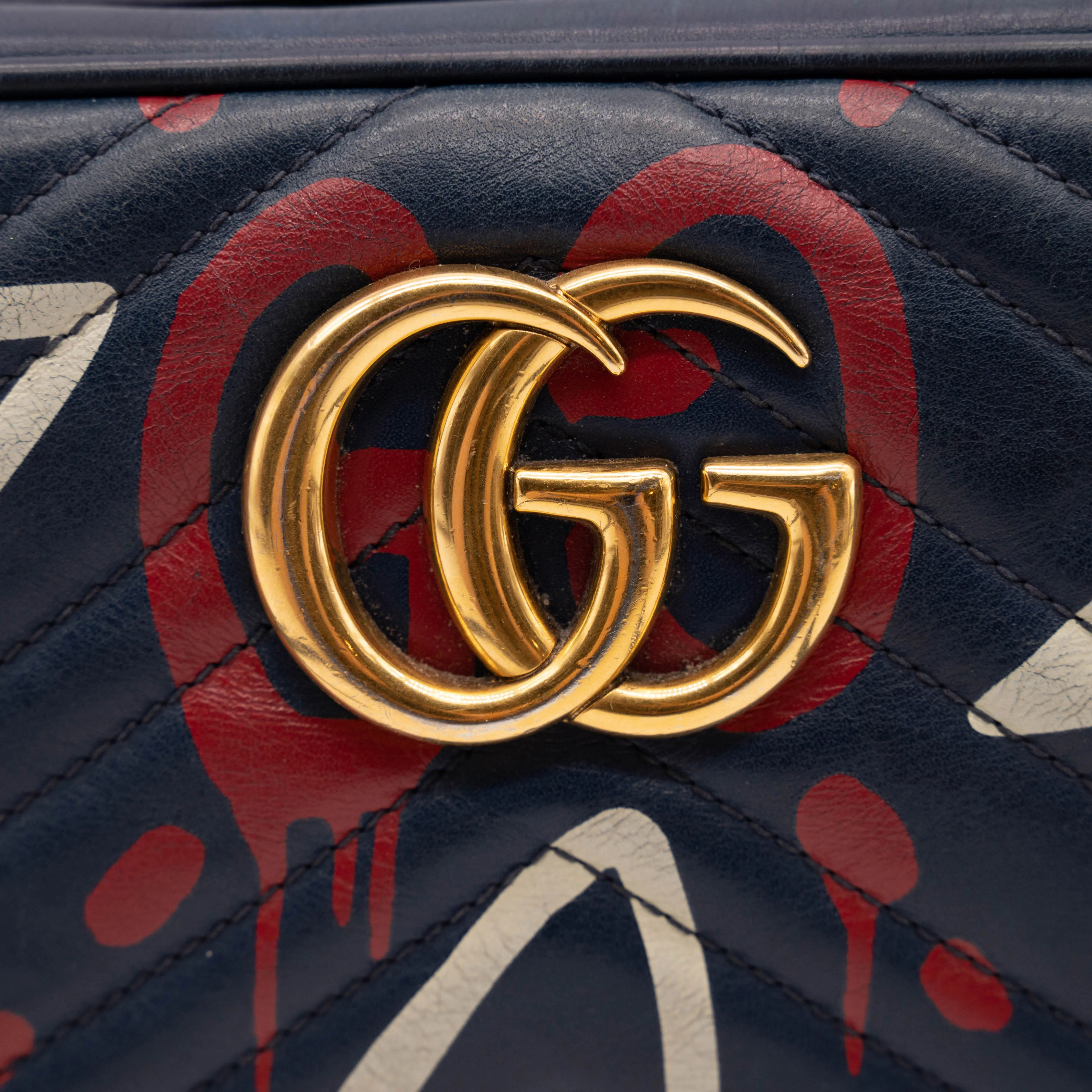 Gucci Marmont Calfskin Matelasse Guccighost Chain Blue Leather Shoulder Bag