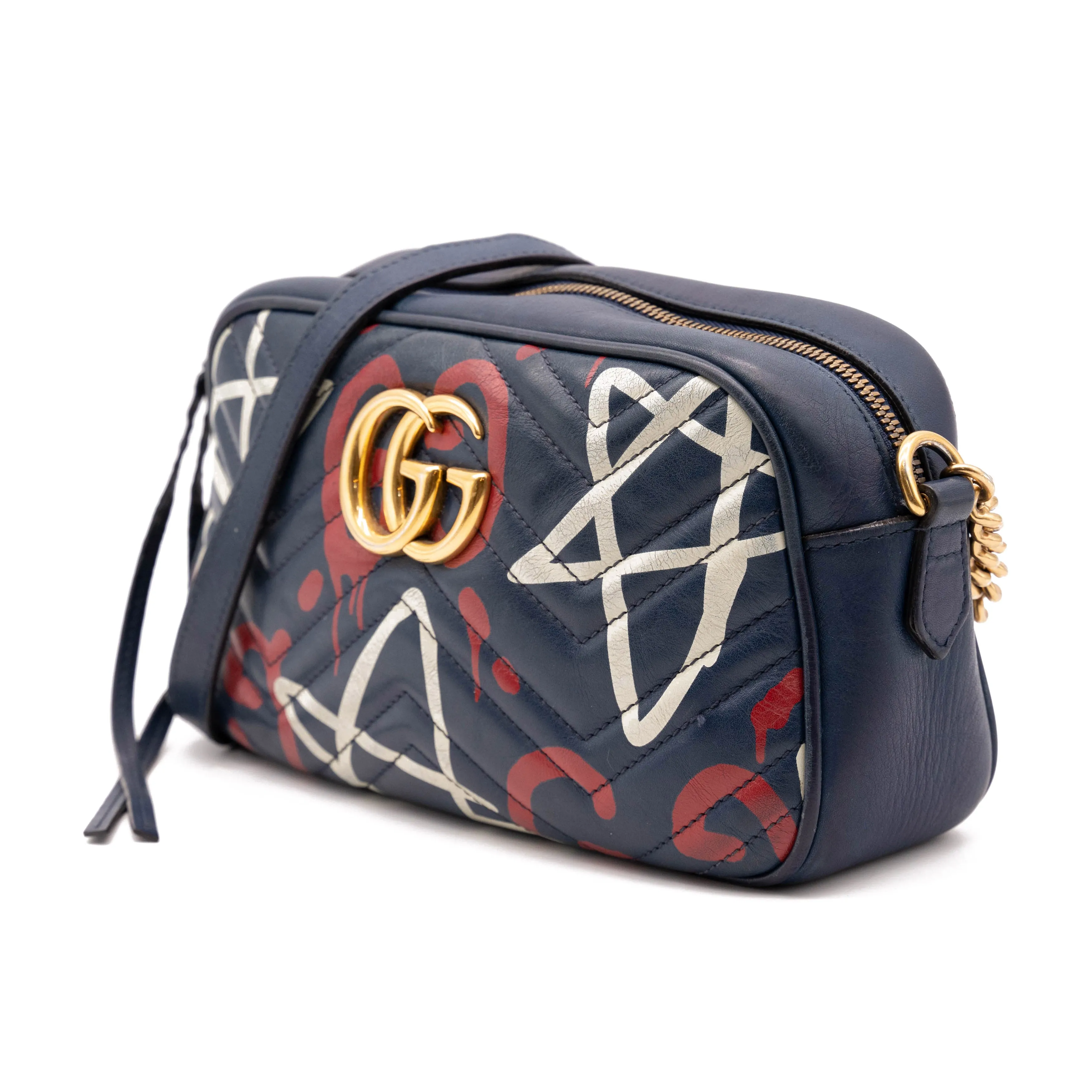 Gucci Marmont Calfskin Matelasse Guccighost Chain Blue Leather Shoulder Bag