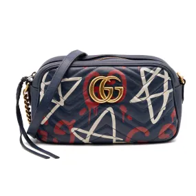 Gucci Marmont Calfskin Matelasse Guccighost Chain Blue Leather Shoulder Bag