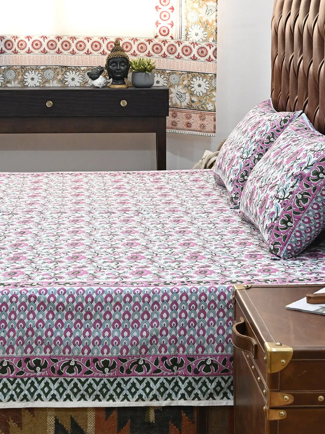 GULMARG PINK COTTON PRINTED DOUBLE BEDSHEET WITH PILLOW