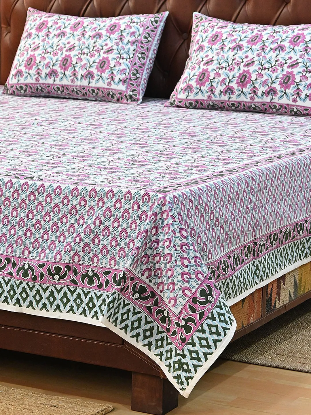 GULMARG PINK COTTON PRINTED DOUBLE BEDSHEET WITH PILLOW