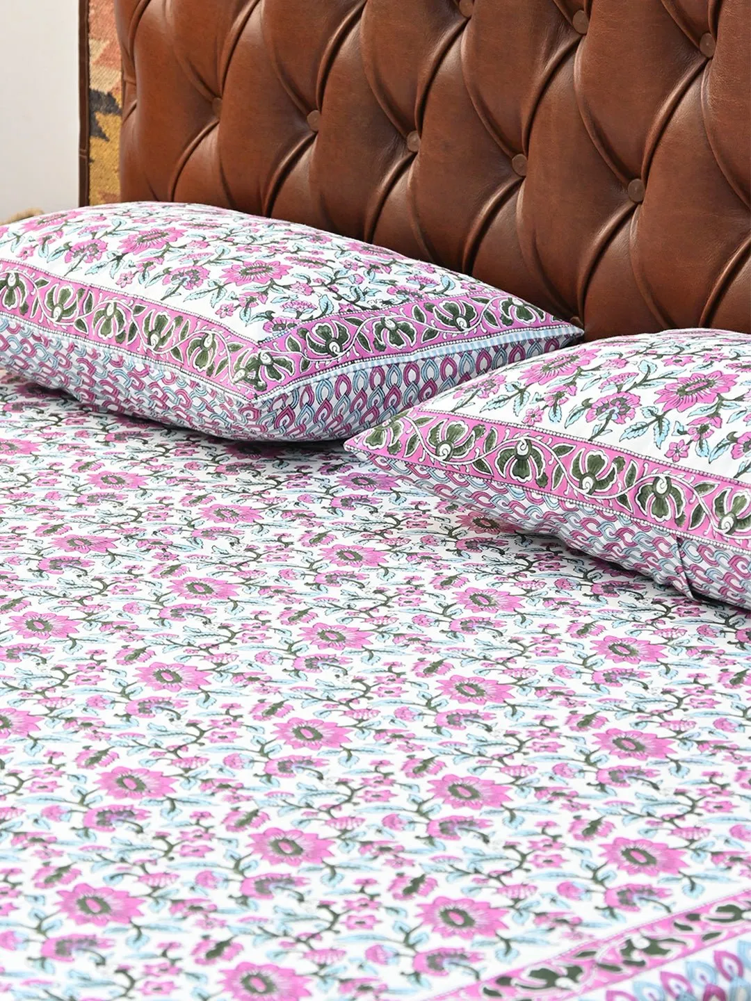 GULMARG PINK COTTON PRINTED DOUBLE BEDSHEET WITH PILLOW