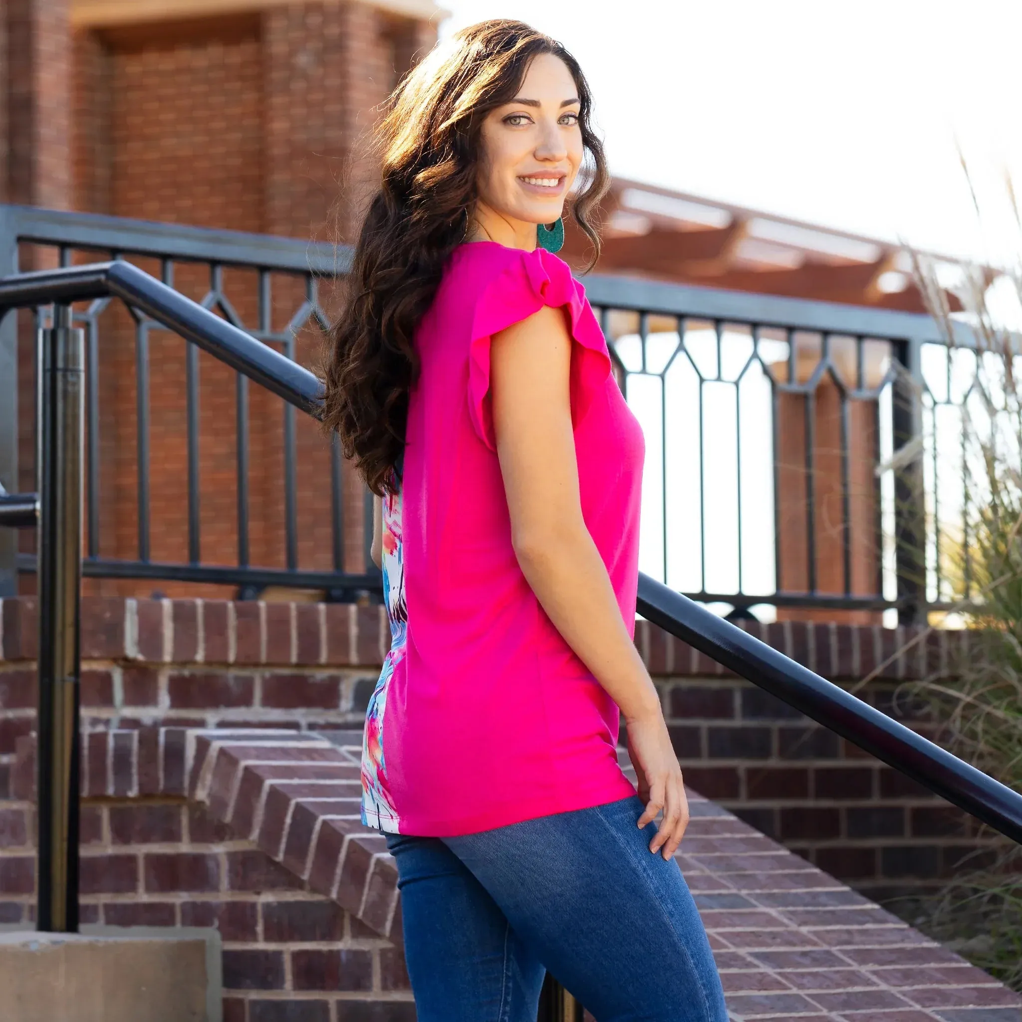 Half Pink, Half Blue watercolors cap sleeve top