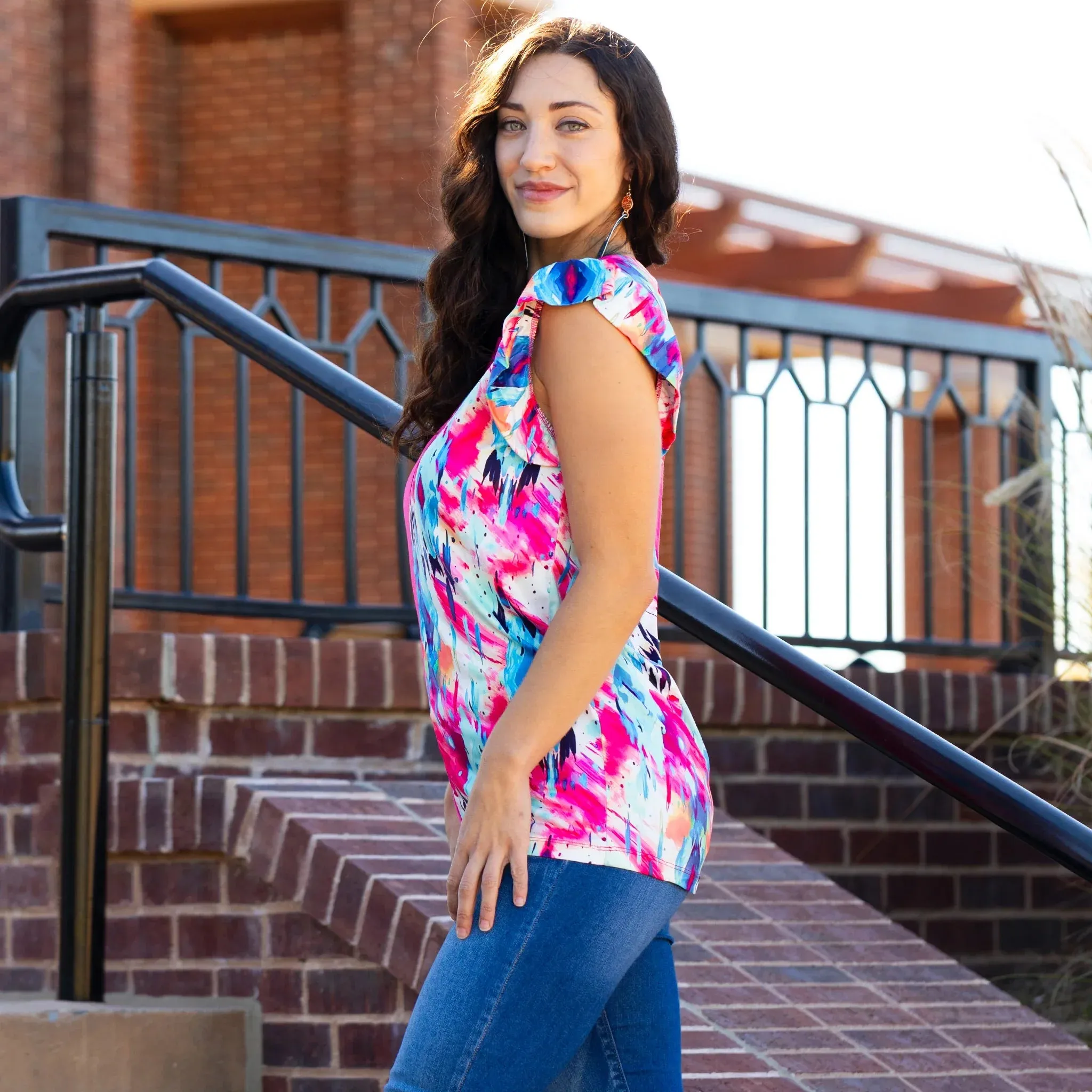 Half Pink, Half Blue watercolors cap sleeve top