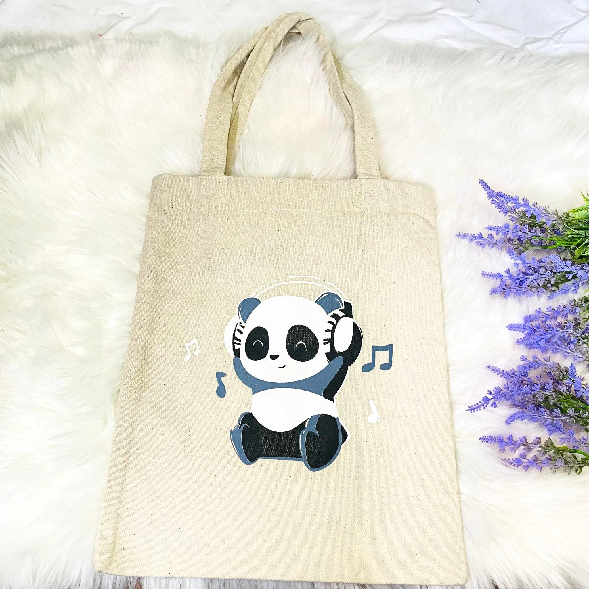 Handmade Cotton Tote Bag, Cute Panda Prints, Black/Beige Tote Bag, Reusable Bag, Zippered Closure, Unisex  Vegan Tote Bag, Ecofriendly Bag