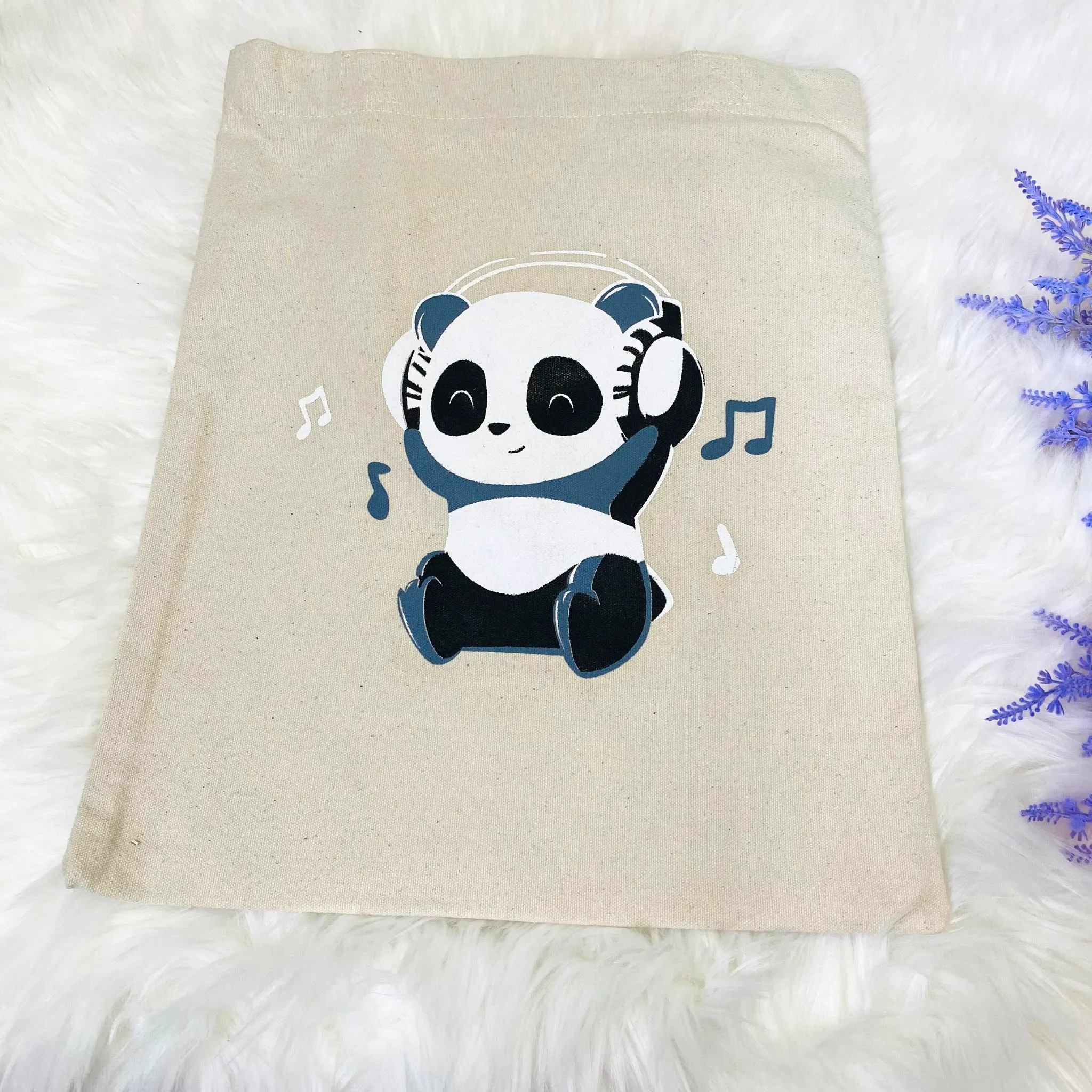 Handmade Cotton Tote Bag, Cute Panda Prints, Black/Beige Tote Bag, Reusable Bag, Zippered Closure, Unisex  Vegan Tote Bag, Ecofriendly Bag