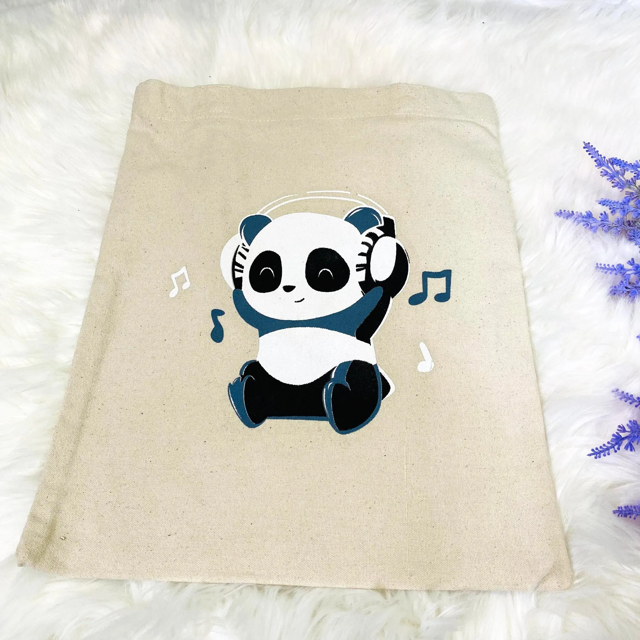 Handmade Cotton Tote Bag, Cute Panda Prints, Black/Beige Tote Bag, Reusable Bag, Zippered Closure, Unisex  Vegan Tote Bag, Ecofriendly Bag