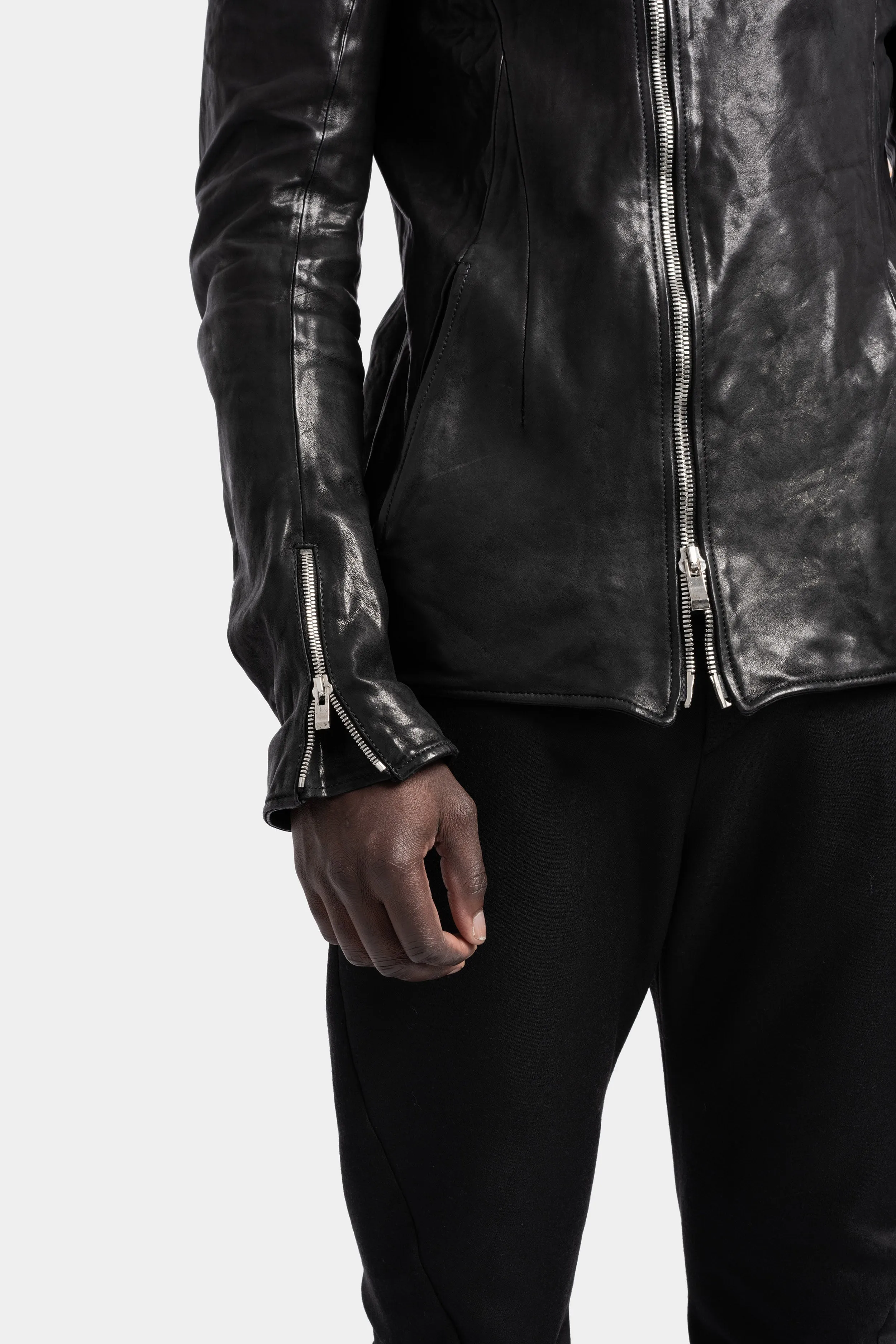 High neck asymmetrical zip calf leather jacket